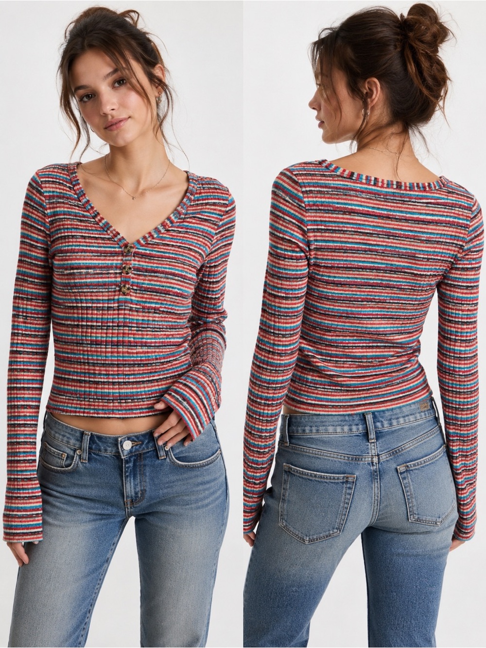 Vintage 2000s Mudd Striped Ribbed Knit Henley Top